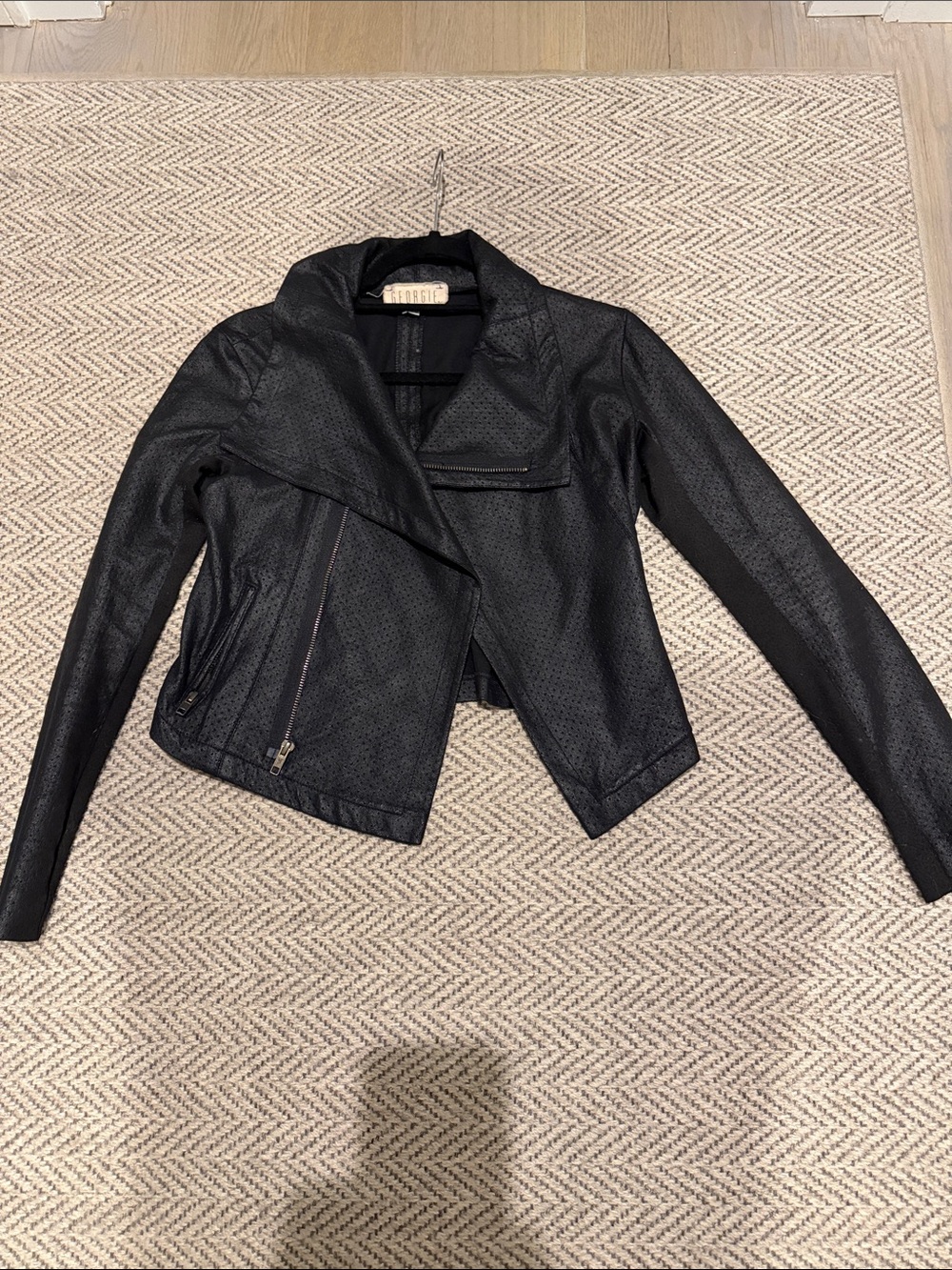 Vintage Black Perforated light weight Vegan Leather Moto Jacket - Women